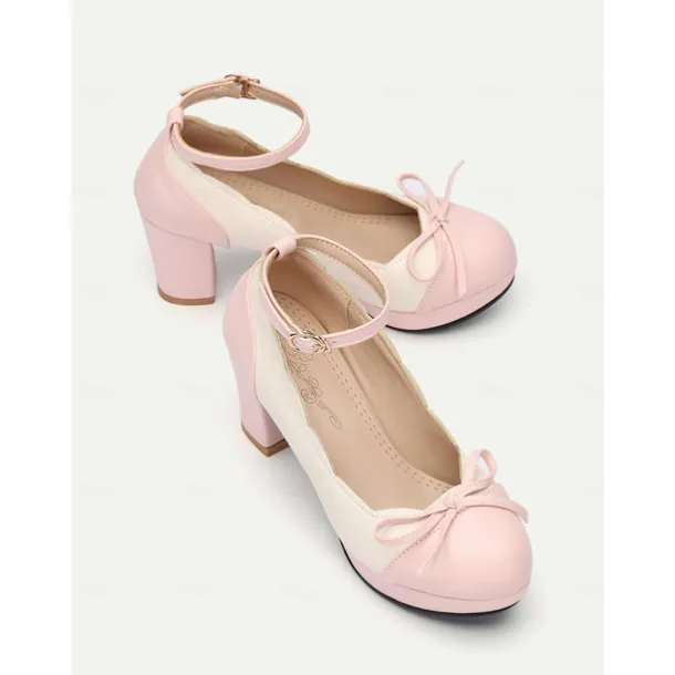 Women's Vintage Two-Tone Chunky Heels with Ankle Strap and Bow Detail – Retro Style Shoes for Special Occasions