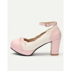 Women's Vintage Two-Tone Chunky Heels with Ankle Strap and Bow Detail – Retro Style Shoes for Special Occasions