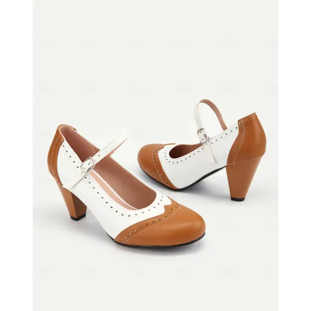 Women's Vintage Two-Tone Mary Jane Heels with Brogue Detailing – Retro Block Heel Shoes for Parties and Formal Occasions