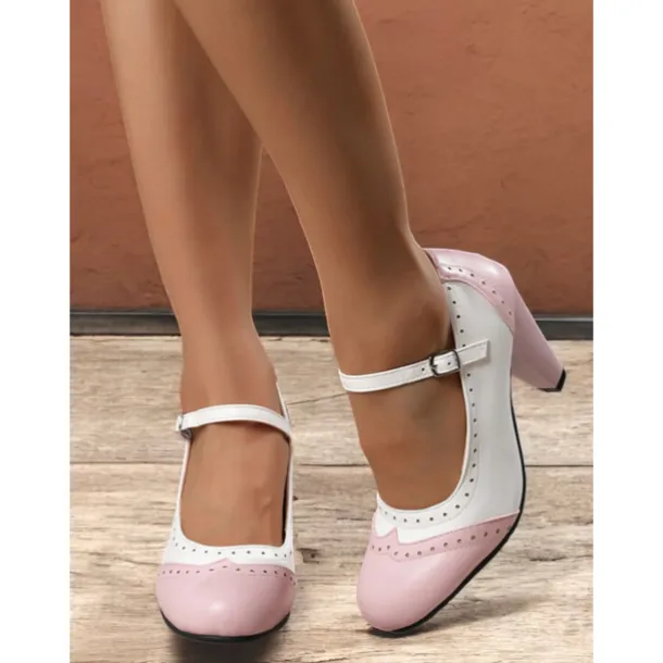 Women's Vintage Two-Tone Mary Jane Heels with Brogue Detailing – Retro Block Heel Shoes for Parties and Formal Occasions