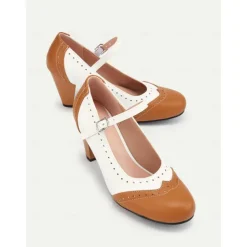 Women's Vintage Two-Tone Mary Jane Heels with Brogue Detailing – Retro Block Heel Shoes for Parties and Formal Occasions