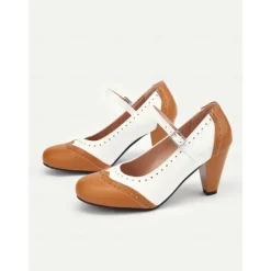 Women's Vintage Two-Tone Mary Jane Heels with Brogue Detailing – Retro Block Heel Shoes for Parties and Formal Occasions