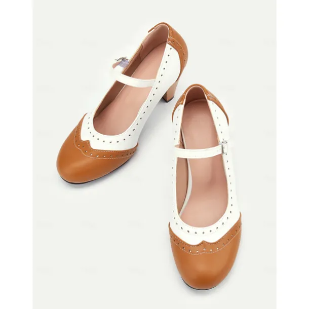 Women's Vintage Two-Tone Mary Jane Heels with Brogue Detailing – Retro Block Heel Shoes for Parties and Formal Occasions