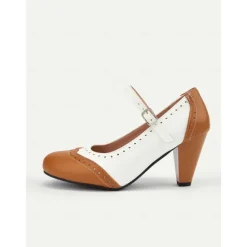 Women's Vintage Two-Tone Mary Jane Heels with Brogue Detailing – Retro Block Heel Shoes for Parties and Formal Occasions
