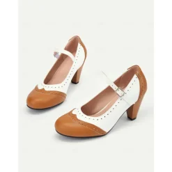 Women's Vintage Two-Tone Mary Jane Heels with Brogue Detailing – Retro Block Heel Shoes for Parties and Formal Occasions