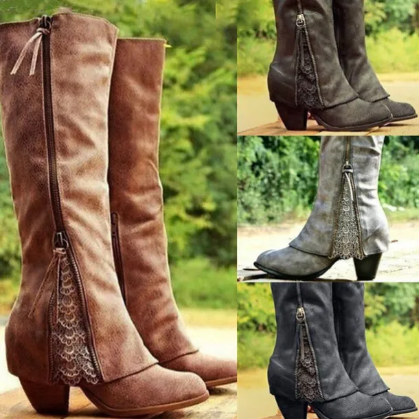 Women's Vintage Western Boots with Lace Detailing and Side Zipper, Mid-Calf Suede Boots for Casual and Country Style