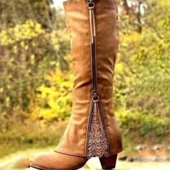 Women's Vintage Western Boots with Lace Detailing and Side Zipper, Mid-Calf Suede Boots for Casual and Country Style