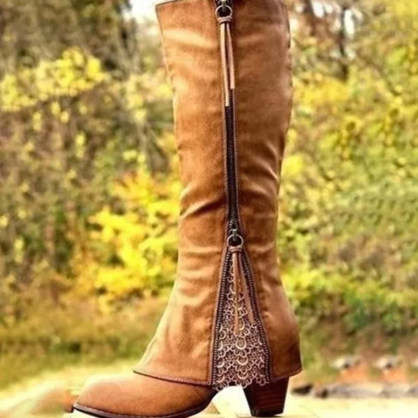Women's Vintage Western Boots with Lace Detailing and Side Zipper, Mid-Calf Suede Boots for Casual and Country Style