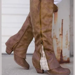 Women's Vintage Western Boots with Lace Detailing and Side Zipper, Mid-Calf Suede Boots for Casual and Country Style