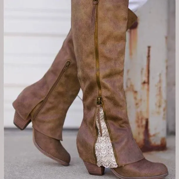 Women's Vintage Western Boots with Lace Detailing and Side Zipper, Mid-Calf Suede Boots for Casual and Country Style