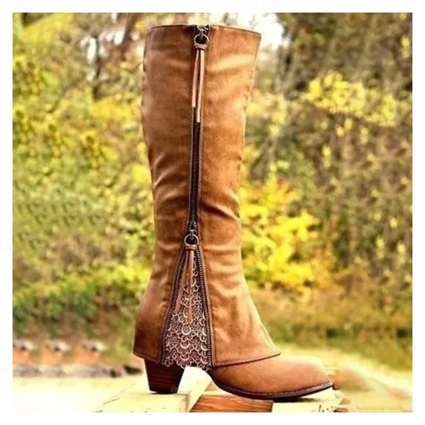 Women's Vintage Western Boots with Lace Detailing and Side Zipper, Mid-Calf Suede Boots for Casual and Country Style