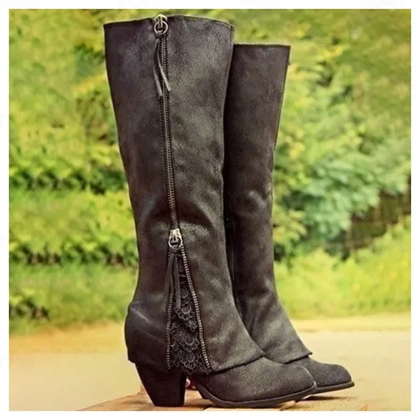 Women's Vintage Western Boots with Lace Detailing and Side Zipper, Mid-Calf Suede Boots for Casual and Country Style