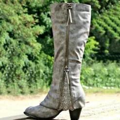 Women's Vintage Western Boots with Lace Detailing and Side Zipper, Mid-Calf Suede Boots for Casual and Country Style