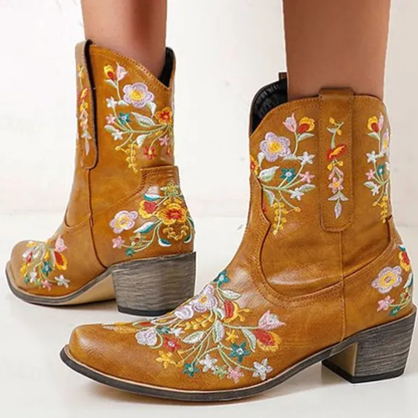 Women's Vintage Western Cowboy Boots – Floral Embroidered Faux Leather Ankle Boots for Casual and Festival Wear