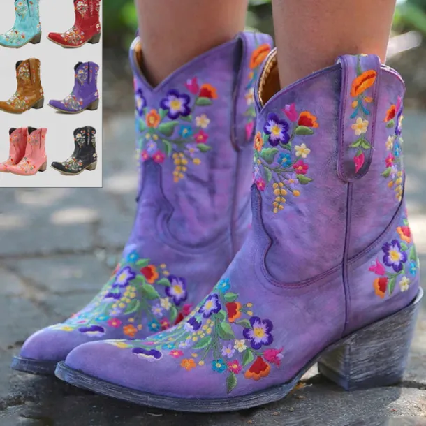 Women's Vintage Western Cowboy Boots – Floral Embroidered Faux Leather Ankle Boots for Casual and Festival Wear