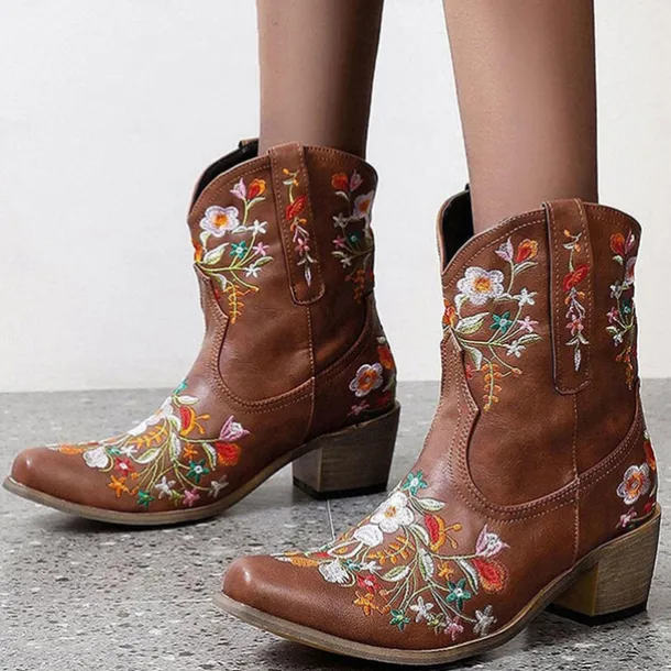 Women's Vintage Western Cowboy Boots – Floral Embroidered Faux Leather Ankle Boots for Casual and Festival Wear
