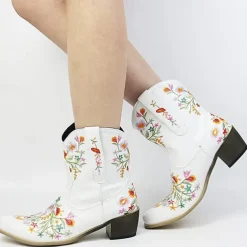 Women's Vintage Western Cowboy Boots – Floral Embroidered Faux Leather Ankle Boots for Casual and Festival Wear