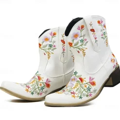 Women's Vintage Western Cowboy Boots – Floral Embroidered Faux Leather Ankle Boots for Casual and Festival Wear