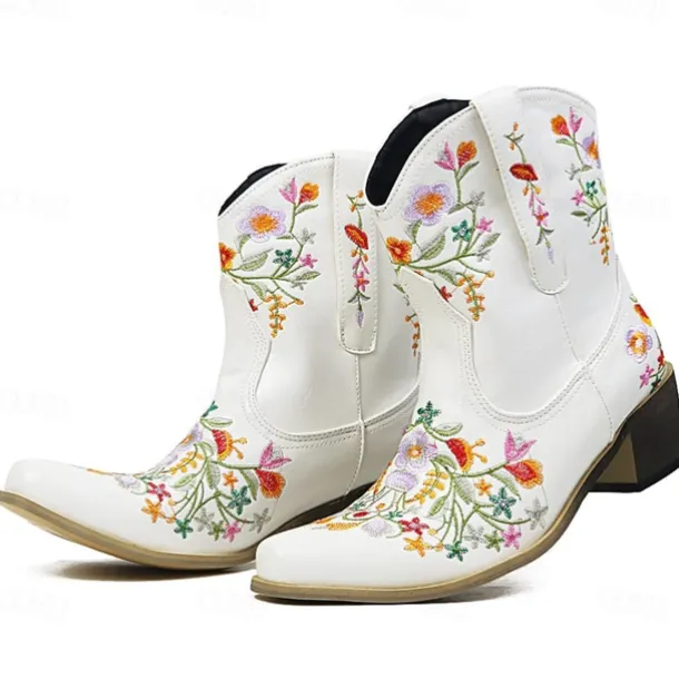 Women's Vintage Western Cowboy Boots – Floral Embroidered Faux Leather Ankle Boots for Casual and Festival Wear