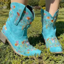 Women's Vintage Western Cowboy Boots – Floral Embroidered Faux Leather Ankle Boots for Casual and Festival Wear