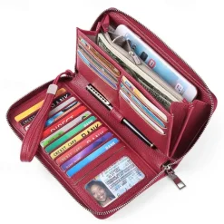 Women's Wallet Mobile Phone Bag PU Leather Outdoor Daily Zipper Large Capacity Lightweight Durable Solid Color Almond Wine Red Black