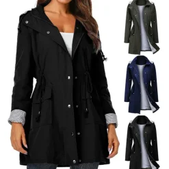 Women's Waterproof Hiking Jacket Rain Jacket Winter Outdoor Trench Raincoat with Hood Thermal Warm Windproof Lightweight Outerwear Trench Coat Top Fishing Climbing Running Blue Green Black