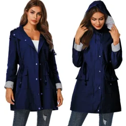 Women's Waterproof Hiking Jacket Rain Jacket Winter Outdoor Trench Raincoat with Hood Thermal Warm Windproof Lightweight Outerwear Trench Coat Top Fishing Climbing Running Blue Green Black