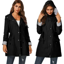 Women's Waterproof Hiking Jacket Rain Jacket Winter Outdoor Trench Raincoat with Hood Thermal Warm Windproof Lightweight Outerwear Trench Coat Top Fishing Climbing Running Blue Green Black