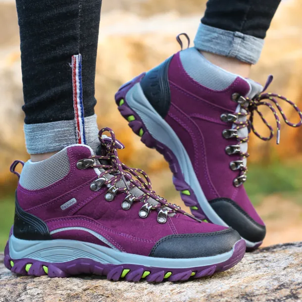 Women's Waterproof Purple Hiking Boots with Lace-Up Closure and Cushioned Sole - Ideal for Outdoor Adventures