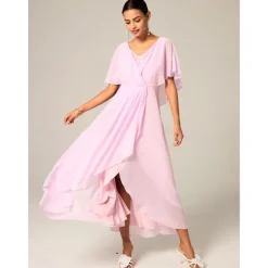 Women's Wedding Guest Cocktail Dress Chiffon Lace Split Elegant Formal A Line Maxi Dress V Neck Short Sleeve Pink Color