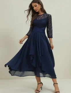 Women's Wedding Guest Cocktail Dress Elegant Lace Patchwork Prom Chiffon Midi Dress Crew Neck 3/4 Length Sleeve Navy Blue Spring Fall