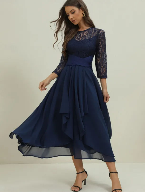 Women's Wedding Guest Cocktail Dress Elegant Lace Patchwork Prom Chiffon Midi Dress Crew Neck 3/4 Length Sleeve Navy Blue Spring Fall