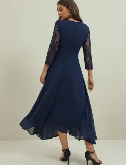 Women's Wedding Guest Cocktail Dress Elegant Lace Patchwork Prom Chiffon Midi Dress Crew Neck 3/4 Length Sleeve Navy Blue Spring Fall