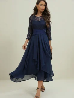 Women's Wedding Guest Cocktail Dress Elegant Lace Patchwork Prom Chiffon Midi Dress Crew Neck 3/4 Length Sleeve Navy Blue Spring Fall