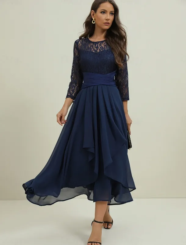 Women's Wedding Guest Cocktail Dress Elegant Lace Patchwork Prom Chiffon Midi Dress Crew Neck 3/4 Length Sleeve Navy Blue Spring Fall