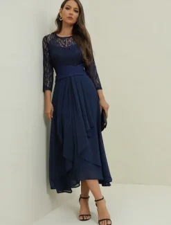 Women's Wedding Guest Cocktail Dress Elegant Lace Patchwork Prom Chiffon Midi Dress Crew Neck 3/4 Length Sleeve Navy Blue Spring Fall