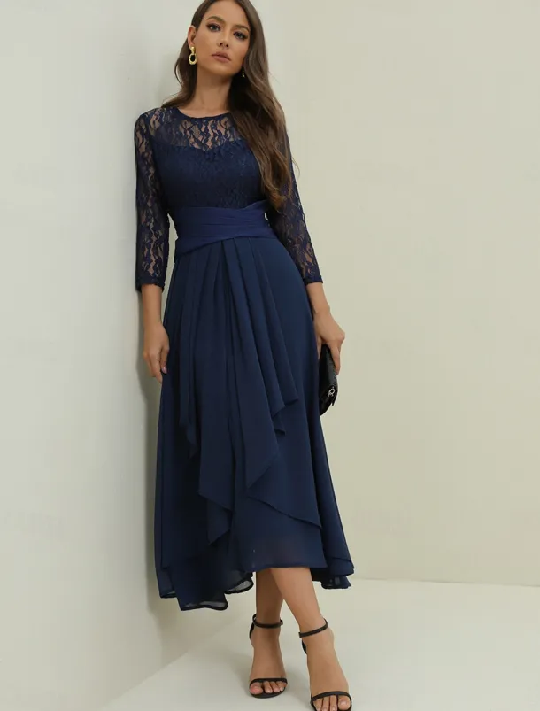 Women's Wedding Guest Cocktail Dress Elegant Lace Patchwork Prom Chiffon Midi Dress Crew Neck 3/4 Length Sleeve Navy Blue Spring Fall
