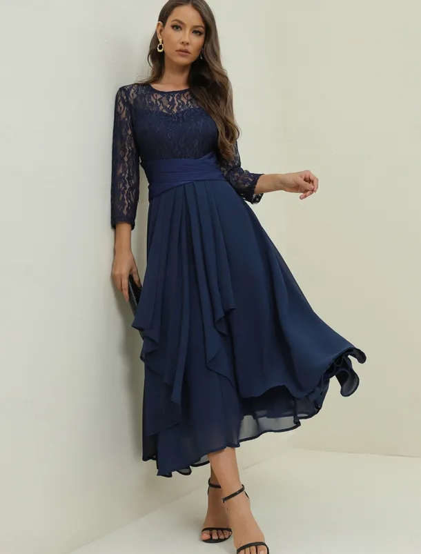 Women's Wedding Guest Cocktail Dress Elegant Lace Patchwork Prom Chiffon Midi Dress Crew Neck 3/4 Length Sleeve Navy Blue Spring Fall