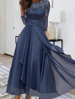 Women's Wedding Guest Cocktail Dress Elegant Lace Patchwork Prom Chiffon Midi Dress Crew Neck 3/4 Length Sleeve Navy Blue Spring Fall