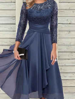 Women's Wedding Guest Cocktail Dress Elegant Lace Patchwork Prom Chiffon Midi Dress Crew Neck 3/4 Length Sleeve Navy Blue Spring Fall