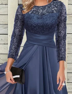 Women's Wedding Guest Cocktail Dress Elegant Lace Patchwork Prom Chiffon Midi Dress Crew Neck 3/4 Length Sleeve Navy Blue Spring Fall