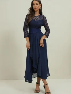Women's Wedding Guest Cocktail Dress Elegant Lace Patchwork Prom Chiffon Midi Dress Crew Neck 3/4 Length Sleeve Navy Blue Spring Fall