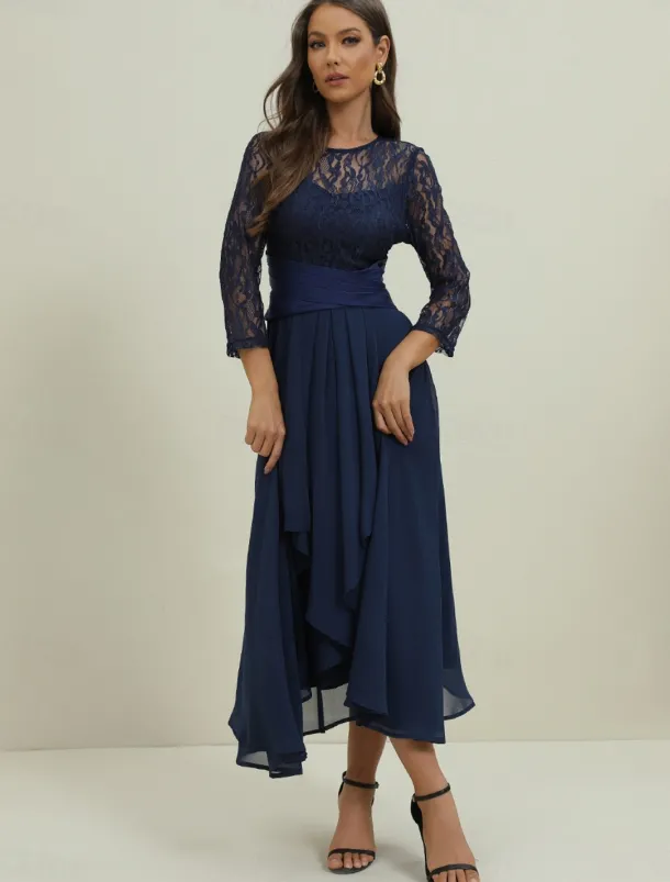 Women's Wedding Guest Cocktail Dress Elegant Lace Patchwork Prom Chiffon Midi Dress Crew Neck 3/4 Length Sleeve Navy Blue Spring Fall