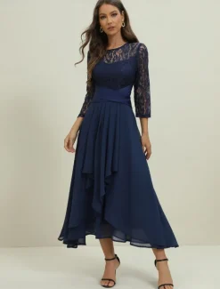 Women's Wedding Guest Cocktail Dress Elegant Lace Patchwork Prom Chiffon Midi Dress Crew Neck 3/4 Length Sleeve Navy Blue Spring Fall