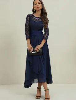 Women's Wedding Guest Cocktail Dress Elegant Lace Patchwork Prom Chiffon Midi Dress Crew Neck 3/4 Length Sleeve Navy Blue Spring Fall