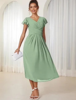 Women's Wedding Guest Cocktail Dress Chiffon Ruched Ruffle Elegant Formal Wrap Midi Dress V Neck Ruffle Sleeve Blue Green Color