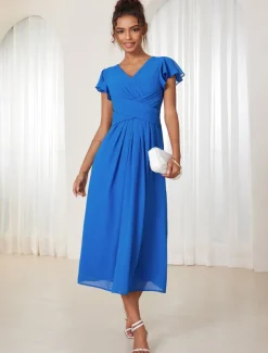 Women's Wedding Guest Cocktail Dress Chiffon Ruched Ruffle Elegant Formal Wrap Midi Dress V Neck Ruffle Sleeve Blue Green Color