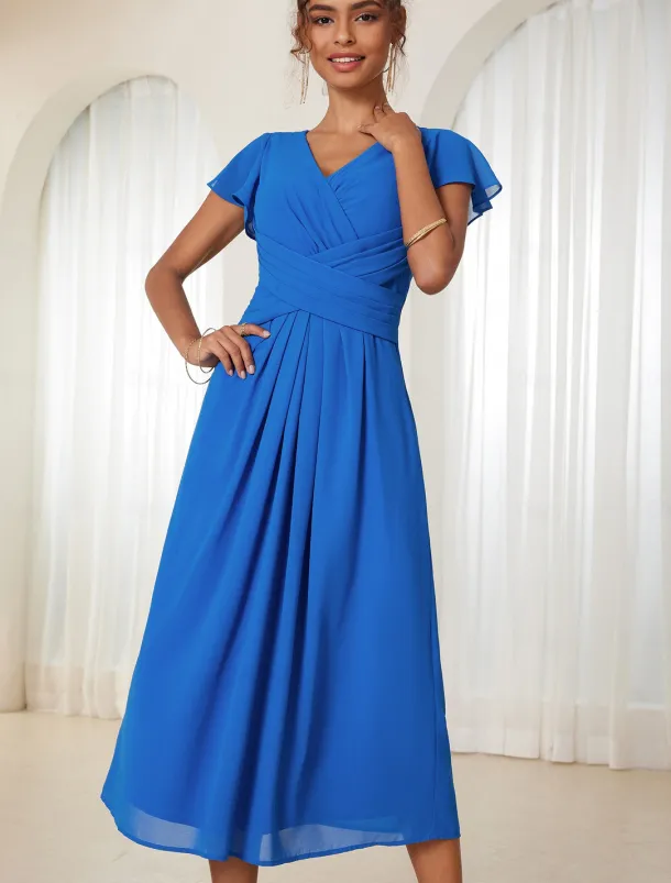 Women's Wedding Guest Cocktail Dress Chiffon Ruched Ruffle Elegant Formal Wrap Midi Dress V Neck Ruffle Sleeve Blue Green Color