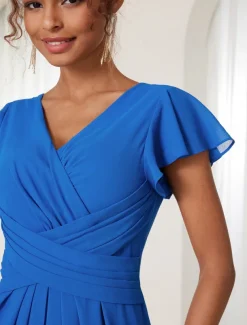 Women's Wedding Guest Cocktail Dress Chiffon Ruched Ruffle Elegant Formal Wrap Midi Dress V Neck Ruffle Sleeve Blue Green Color