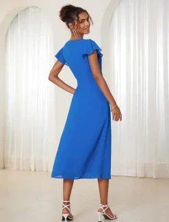 Women's Wedding Guest Cocktail Dress Chiffon Ruched Ruffle Elegant Formal Wrap Midi Dress V Neck Ruffle Sleeve Blue Green Color